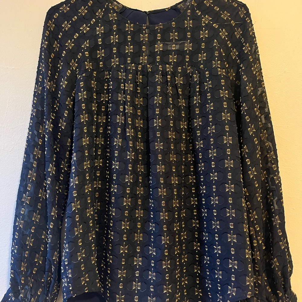 Amanda Uprichard Navy and Gold Patterned Blouse